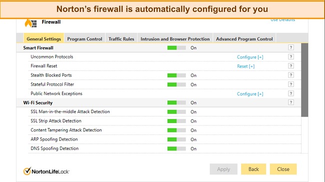 Screenshot of Norton's Firewall settings tab