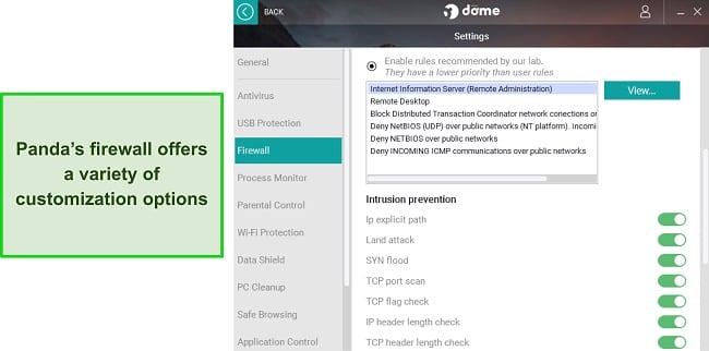 Screenshot of Panda's customizable firewall settings