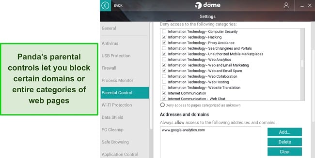 Panda's parental controls to block certain domains or categories screenshot