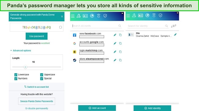 Screenshot of various Panda password manager menus