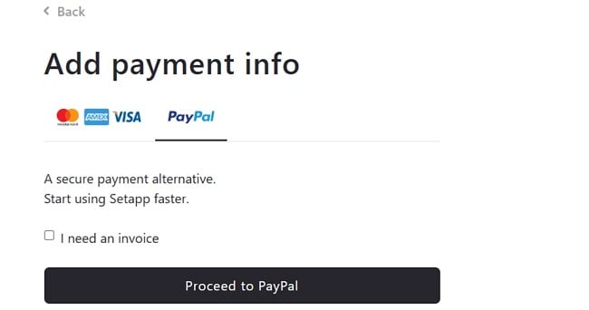 Setapp add payment info screenshot
