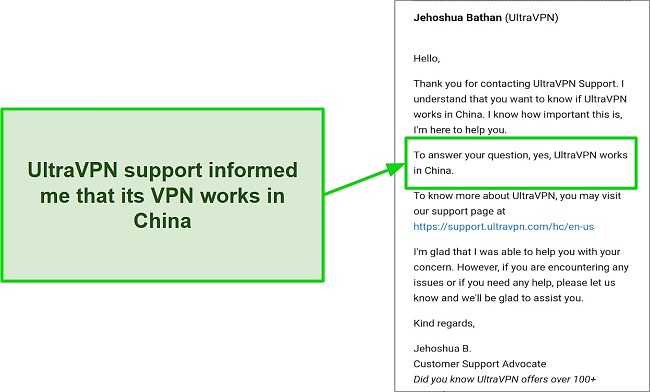 UltraVPN support confirmed that its VPN works in China