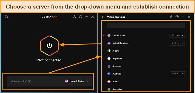 Screenshot of UltraVPN's server drop-down menu in app