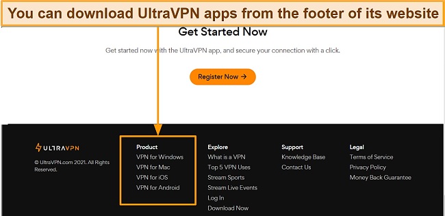 Screenshot of UltraVPN's footer page