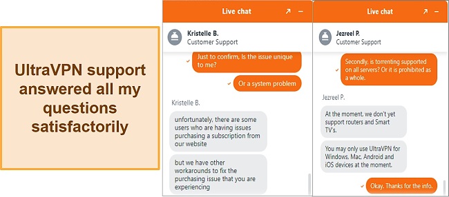 Screenshot of chat with UltraVPN support