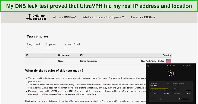 Screenshot of Ultra VPN passing my DNS leak tests