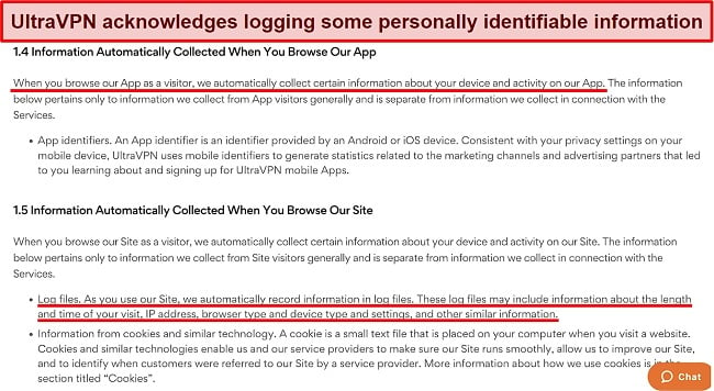Screenshot of UltraVPN's privacy policy