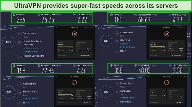 Screenshot of UltraVPN speed test in 4 different locations