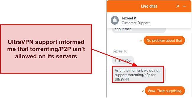 Screenshot of chat showing that UltraVPN doesn't support torrenting