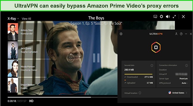 Screenshot of UltraVPN unblocking Amazon Prime Video