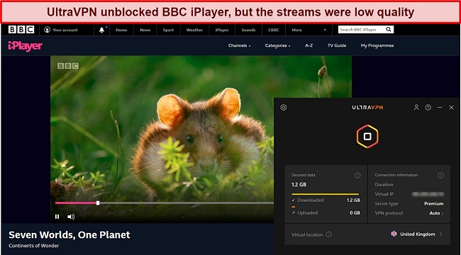 Screenshot of UltraVPN unblocking BBC iPlayer