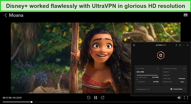 Screenshot of UltraVPN unblocking Disney+