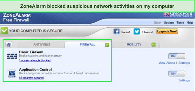 Screenshot of ZoneAlarm firewall interface