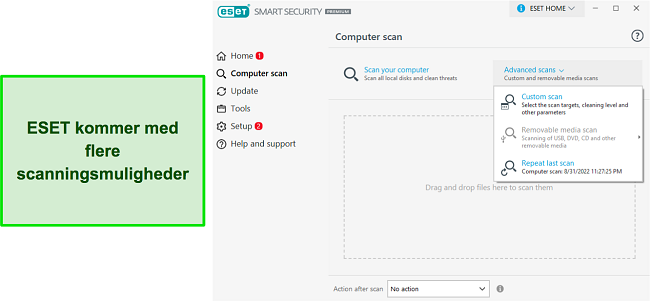Skærmbillede af ESETs virusscanningsmuligheder