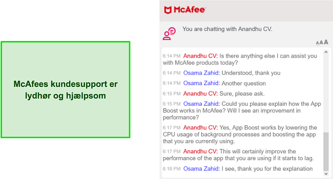 Samtale med McAfees nyttige live chat-support