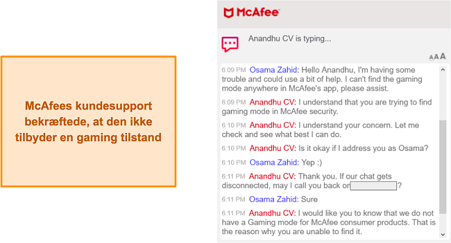 Samtale med McAfee's support om dens spiltilstand