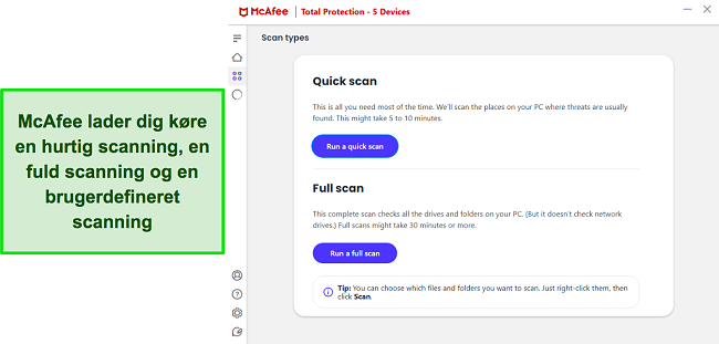 Skærmbillede af McAfees virusscanningsmuligheder