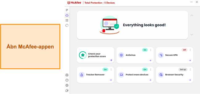 Åbning af McAfee's app