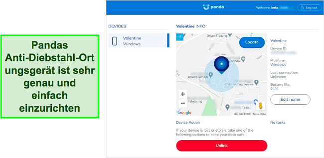 Screenshot des Anti-Theft-Ortungstools von Panda, das den genauen Standort eines geschützten Geräts erkennt