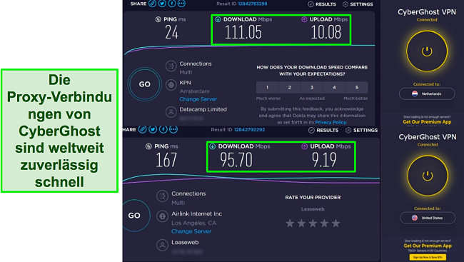 Screenshots von Ookla-Geschwindigkeitstests mit der Chrome-Erweiterung von CyberGhost, die mit Servern in den Niederlanden und den USA verbunden sind