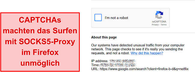 Screenshot von CAPTCHA auf dem IPVanish-Proxy auf Firefox