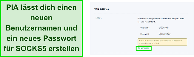 Screenshot der VPN-Einstellungen von PIA zum erneuten Generieren von Benutzername und Passwort für SOCKS5