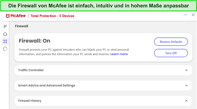 Screenshot der Firewall-Oberfläche von McAfee