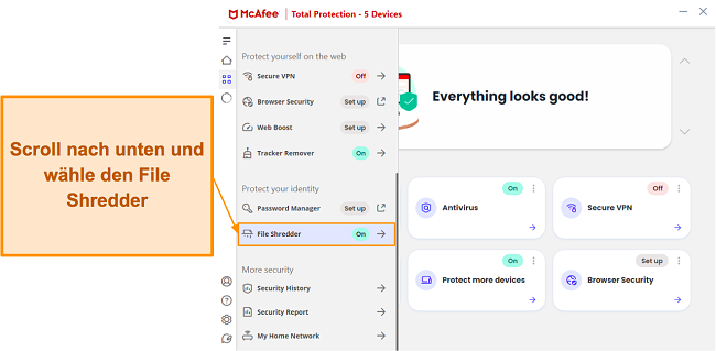 Öffnen des Aktenvernichters in der McAfee-App