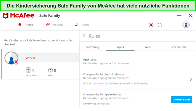 Screenshot der Safe Family-Kindersicherung von McAfee