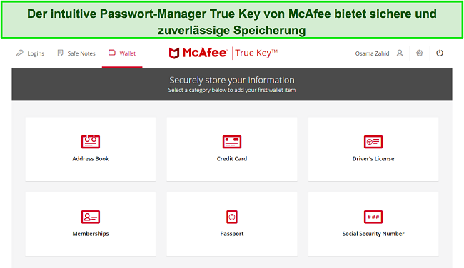 Screenshot des True Key-Passwortmanagers von McAfee
