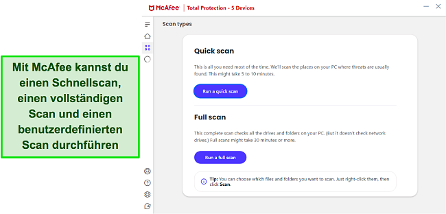 Screenshot der verschiedenen Scan-Optionen von McAfee