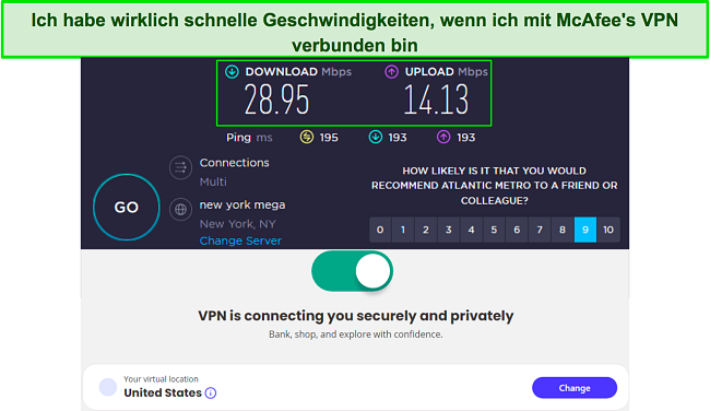 Geschwindigkeitstestergebnisse bei Verbindung mit dem US-Server von McAfee