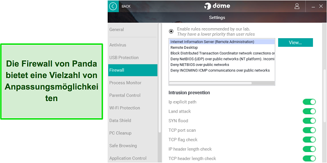 Screenshot der anpassbaren Firewall-Einstellungen von Panda