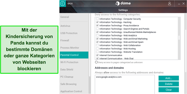 Screenshot der Kindersicherungseinstellungen von Panda