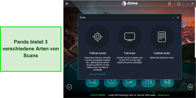 Screenshot der Virus-Scan-Optionen von Panda