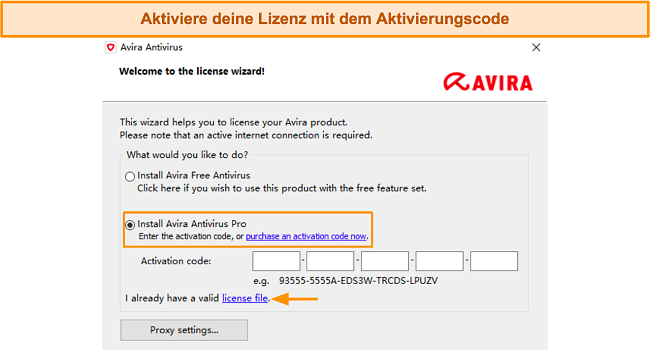 Screenshot des Installationsassistenten von Avira, der nach dem Aktivierungscode fragt