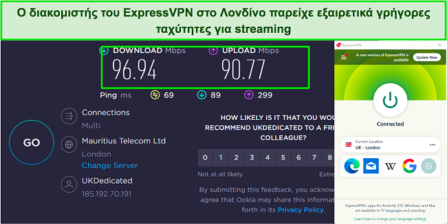 Στιγμιότυπο οθόνης των αποτελεσμάτων δοκιμής ταχύτητας ενώ το ExpressVPN είναι συνδεδεμένο σε διακομιστή στο Λονδίνο, ΗΒ