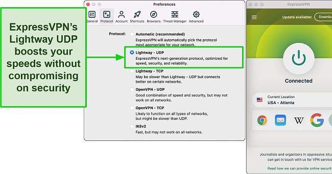 Screenshot of ExpressVPN protocol options showing Lightway UDP selected