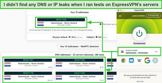 Screenshot of IP/DNS leak tests while connected to the ExpressVPN servers