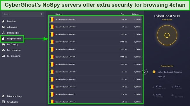 Screenshot of CyberGhost's Windows app showing its NoSpy servers