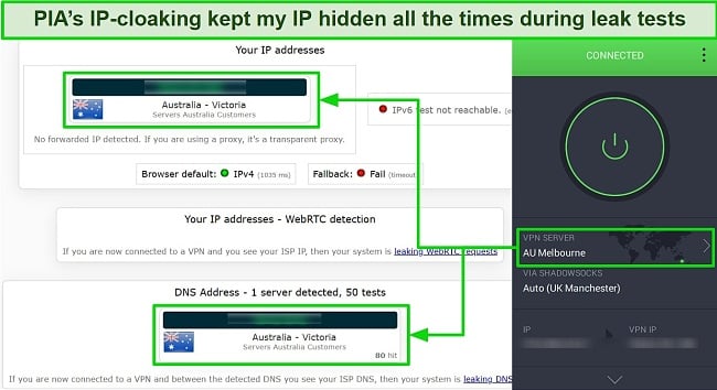 Screenshot of PIA's IP/DNS leak test results