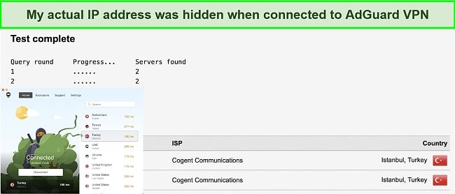 Screenshot of leak test results while using AdGuard VPN