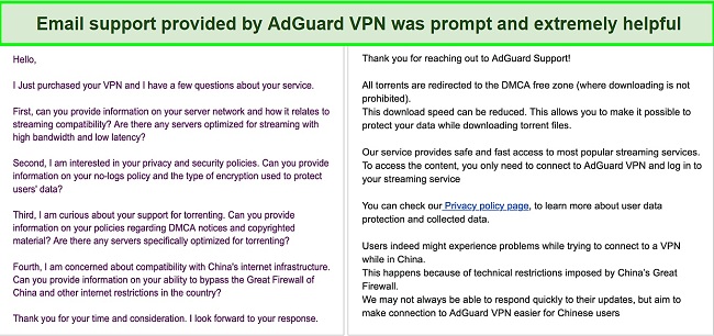 Screenshot showing my interaction with AdGuard VPN's support