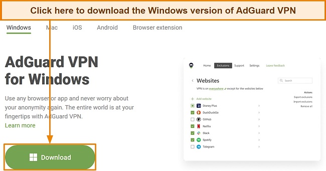 Screenshot of the download page for AdGuard VPN's Windows setup file