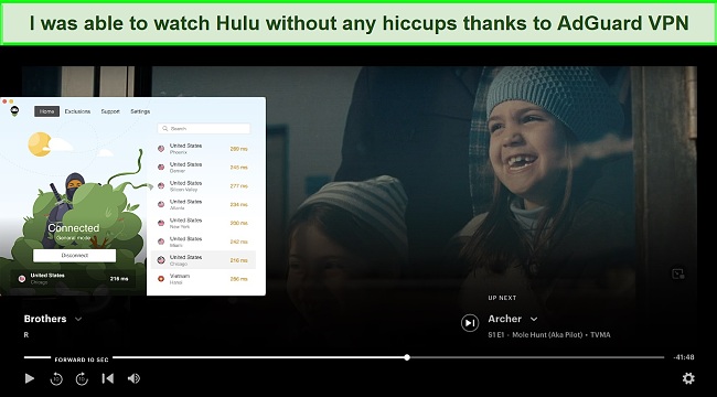 Screenshot of AdGuard VPN unblocking Hulu