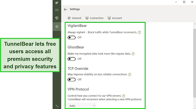 Screenshot of TunnelBear's security settings