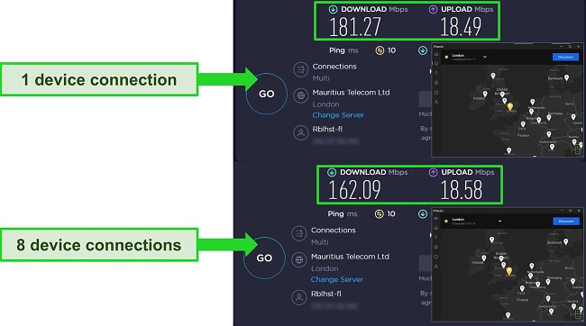 Screenshots of speed tests showing the speed difference with 1 device connected to a UK IPVanish server and 8 devices connected.