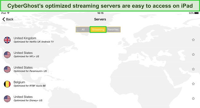 Screenshot of CyberGhost's iPad app showing the optimized streaming servers in the server menu.