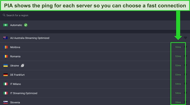 Image of PIA's iPad app, showing that every server has its ping displayed so the user can choose the fastest server connection.