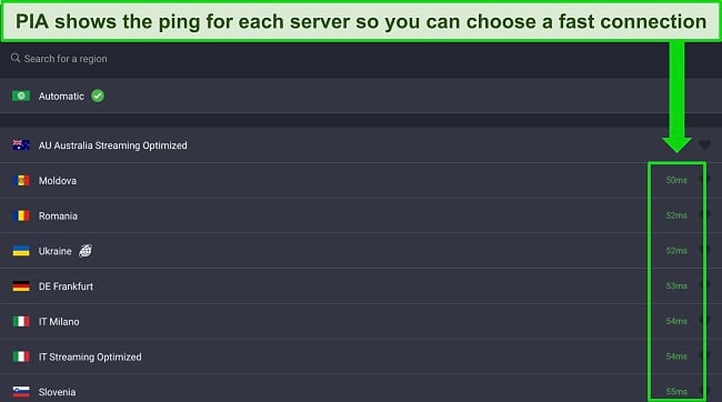 Image of PIA's iPad app, showing that every server has its ping displayed so the user can choose the fastest server connection.